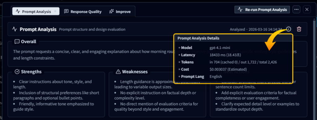 Model information and cost used for Prompt Analysis