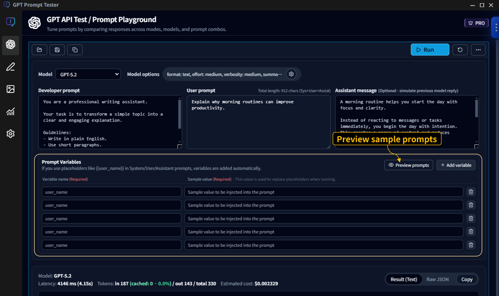 Variables and sample preview