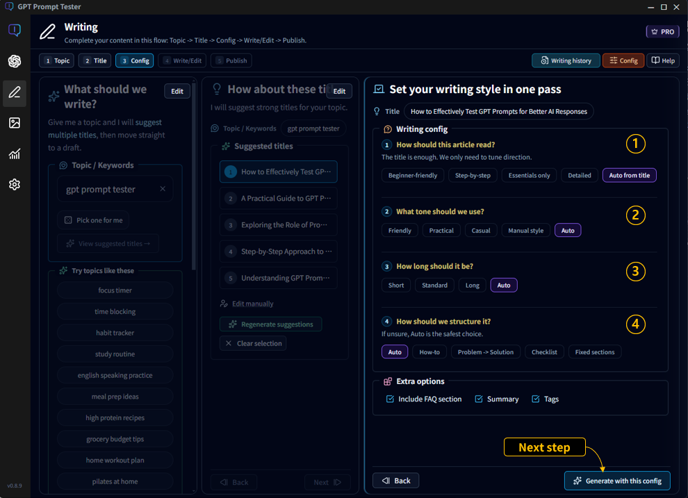 Writing Studio Step 3: writing style and structure configuration