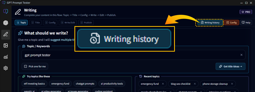 Writing history button in the writing screen