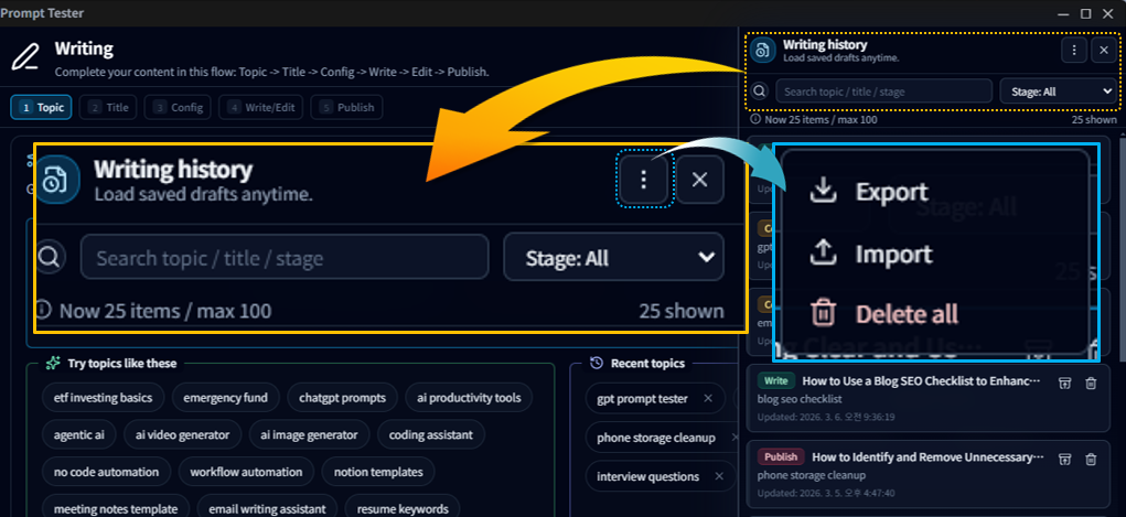 Writing history management options (search, filter, export, import)