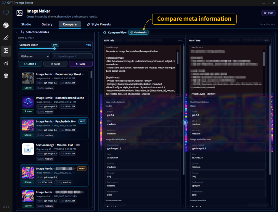 Image Maker compare metadata view