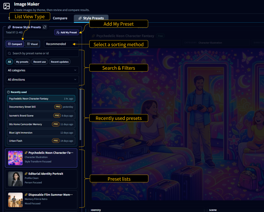Preset search and filters