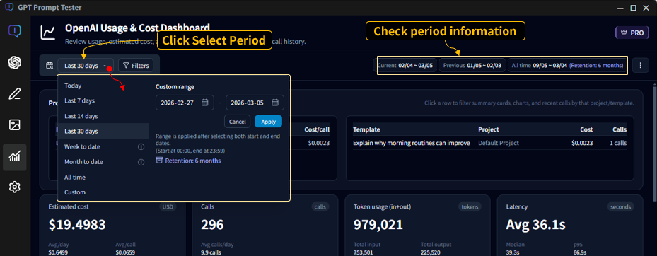 Usage Dashboard date range picker
