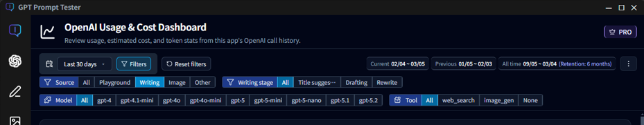 Top filter bar (feature / writing step / model / tool / date range)