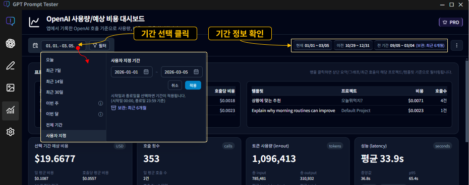 OpenAI 사용량 대시보드·기간 선택