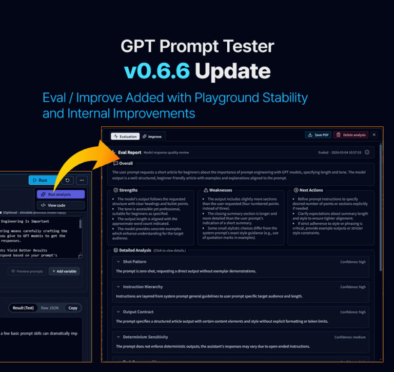 GPT Prompt Tester v0.6.6 Update – Eval / Improve Feature Added